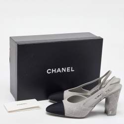 Pre Owned Chanel Grey/Black Suede and Fabric Block Heel Slingback Sandals Size 39