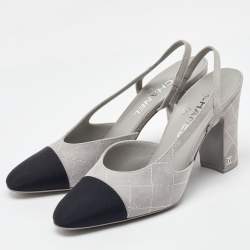 Pre Owned Chanel Grey/Black Suede and Fabric Block Heel Slingback Sandals Size 39