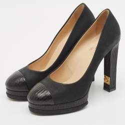 Chanel Black Nubuck and Leather CC Embellished Block Heel Pumps Size 40