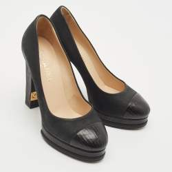 Chanel Black Nubuck and Leather CC Embellished Block Heel Pumps Size 40