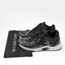Pre Owned Chanel Black Patent Leather and PVC CC Low Top Sneakers Size 38.5