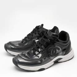 Pre Owned Chanel Black Patent Leather and PVC CC Low Top Sneakers Size 38.5