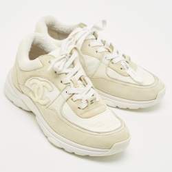 Pre Owned Chanel Grey/White Suede and Nylon CC Logo Lace Up Sneakers Size 38