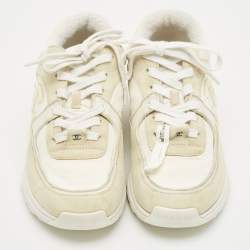 Pre Owned Chanel Grey/White Suede and Nylon CC Logo Lace Up Sneakers Size 38