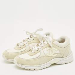 Pre Owned Chanel Grey/White Suede and Nylon CC Logo Lace Up Sneakers Size 38