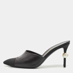 Chanel Black Canvas and Leather CC Pearl Heel Mules Size 36.5