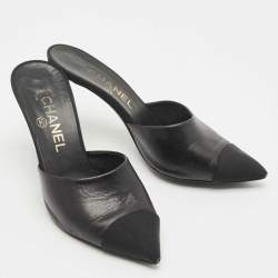 Chanel Black Canvas and Leather CC Pearl Heel Mules Size 36.5