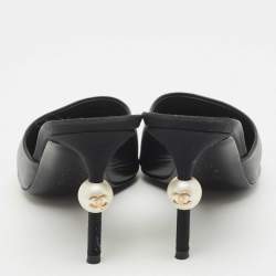 Chanel Black Canvas and Leather CC Pearl Heel Mules Size 36.5