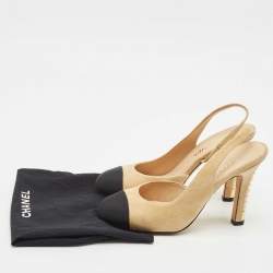 Chanel Beige/Black Canvas and Suede CC Cap Toe Pearl Slingback Pumps Size 39