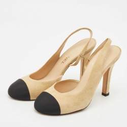Chanel Beige/Black Canvas and Suede CC Cap Toe Pearl Slingback Pumps Size 39