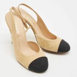 Chanel Beige/Black Canvas and Suede CC Cap Toe Pearl Slingback Pumps Size 39