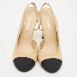 Chanel Beige/Black Canvas and Suede CC Cap Toe Pearl Slingback Pumps Size 39