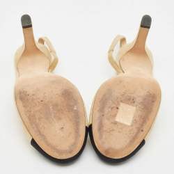 Chanel Beige/Black Canvas and Suede CC Cap Toe Pearl Slingback Pumps Size 39