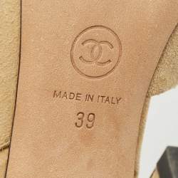Chanel Beige/Black Canvas and Suede CC Cap Toe Pearl Slingback Pumps Size 39