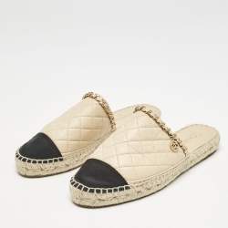 Pre Owned Chanel Beige/Black Quilted Leather and Canvas CC Chain Espadrille Sandals Size 39