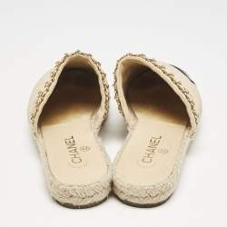 Pre Owned Chanel Beige/Black Quilted Leather and Canvas CC Chain Espadrille Sandals Size 39