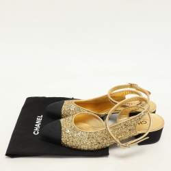 Pre Owned Chanel Gold/Black Fabric and Glitter CC Ankle Strap Pumps Size 37.5