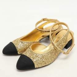 Pre Owned Chanel Gold/Black Fabric and Glitter CC Ankle Strap Pumps Size 37.5