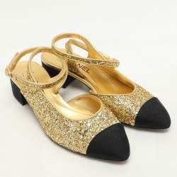 Pre Owned Chanel Gold/Black Fabric and Glitter CC Ankle Strap Pumps Size 37.5