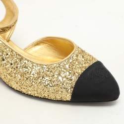 Pre Owned Chanel Gold/Black Fabric and Glitter CC Ankle Strap Pumps Size 37.5
