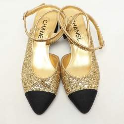 Pre Owned Chanel Gold/Black Fabric and Glitter CC Ankle Strap Pumps Size 37.5