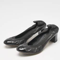 Chanel Black Leather Cap Toe Scrunch Block Heel Pumps Size 39
