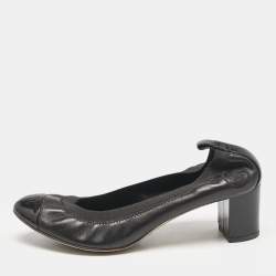 Chanel Black Leather Cap Toe Scrunch Block Heel Pumps Size 39