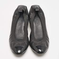Chanel Black Leather Cap Toe Scrunch Block Heel Pumps Size 39