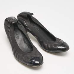 Chanel Black Leather Cap Toe Scrunch Block Heel Pumps Size 39