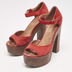 Chanel Red Suede and Wood Block Heel Platform Ankle Strap Sandals Size 38