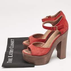 Chanel Red Suede and Wood Block Heel Platform Ankle Strap Sandals Size 38