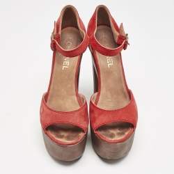 Chanel Red Suede and Wood Block Heel Platform Ankle Strap Sandals Size 38