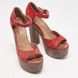 Chanel Red Suede and Wood Block Heel Platform Ankle Strap Sandals Size 38