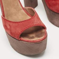 Chanel Red Suede and Wood Block Heel Platform Ankle Strap Sandals Size 38