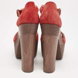 Chanel Red Suede and Wood Block Heel Platform Ankle Strap Sandals Size 38
