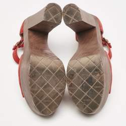Chanel Red Suede and Wood Block Heel Platform Ankle Strap Sandals Size 38