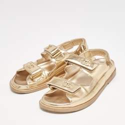 Pre Owned Chanel Metallic Rose Gold Leather CC Dad Velcro Flat Sandals Size 39
