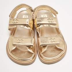 Pre Owned Chanel Metallic Rose Gold Leather CC Dad Velcro Flat Sandals Size 39