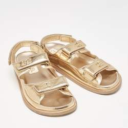 Pre Owned Chanel Metallic Rose Gold Leather CC Dad Velcro Flat Sandals Size 39
