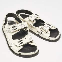 مملوكة مسبقًا Chanel White/Black Printed Leather CC Dad Velcro Flat Sandals Size 38
