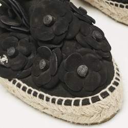 Chanel Black Nubuck Leather CC Camelia Applique Espadrille Flats Size 39