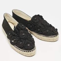 Chanel Black Nubuck Leather CC Camelia Applique Espadrille Flats Size 39