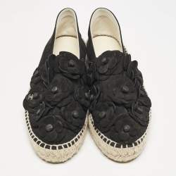 Chanel Black Nubuck Leather CC Camelia Applique Espadrille Flats Size 39
