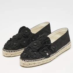 Chanel Black Nubuck Leather CC Camelia Applique Espadrille Flats Size 39