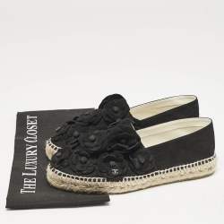 Chanel Black Nubuck Leather CC Camelia Applique Espadrille Flats Size 39