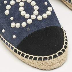 Chanel Blue/Black Suede Faux Pearl CC Cap Toe Espadrille Flats Size 37