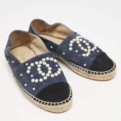 Chanel Blue/Black Suede Faux Pearl CC Cap Toe Espadrille Flats Size 37