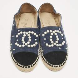 Chanel Blue/Black Suede Faux Pearl CC Cap Toe Espadrille Flats Size 37