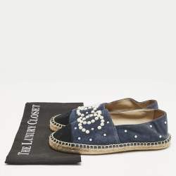 Chanel Blue/Black Suede Faux Pearl CC Cap Toe Espadrille Flats Size 37