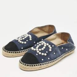 Chanel Blue/Black Suede Faux Pearl CC Cap Toe Espadrille Flats Size 37